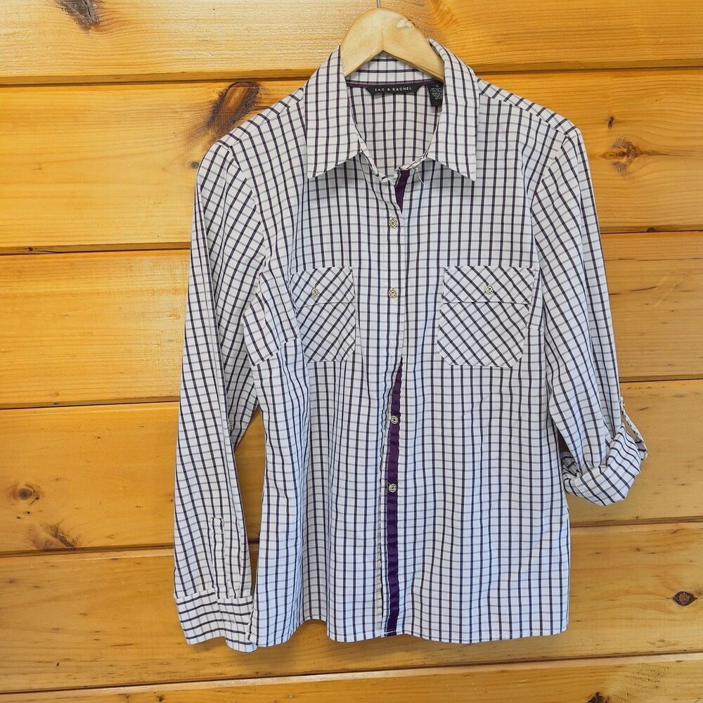 Zac & Rachel WhiteBlack checkered Pocketed Long Roll Tab Sleeves Button Shirt L
